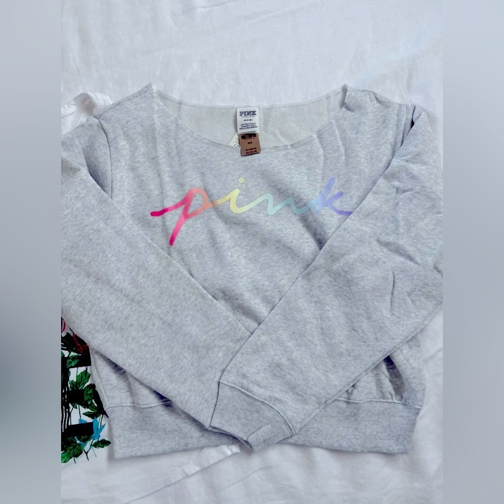NEW 🛍️  Victoria’s Secret VS PINK Gray Off Shoulder Sweater & Tank Top Medium M - Picture 2 of 5